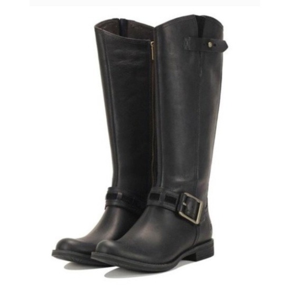 Timberland Savin Hill Boots Black Leather Tall Riding Moto Buckle Womens 7.5